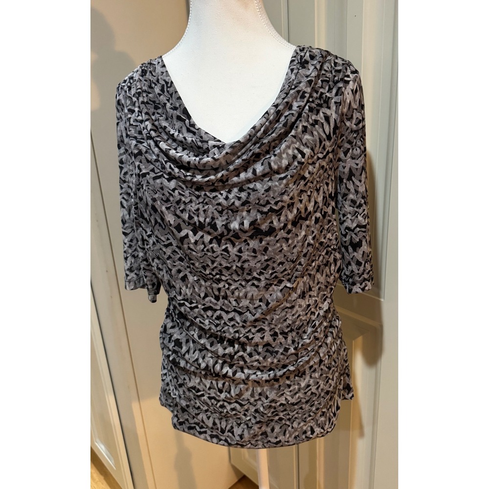 Cable & Gauge Top Medium Gray Black Abstract Cowl Neck 3/4 Sleeve